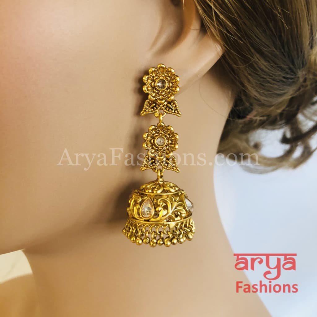 Golden Long Jhumka Earring with golden and Pearl beads