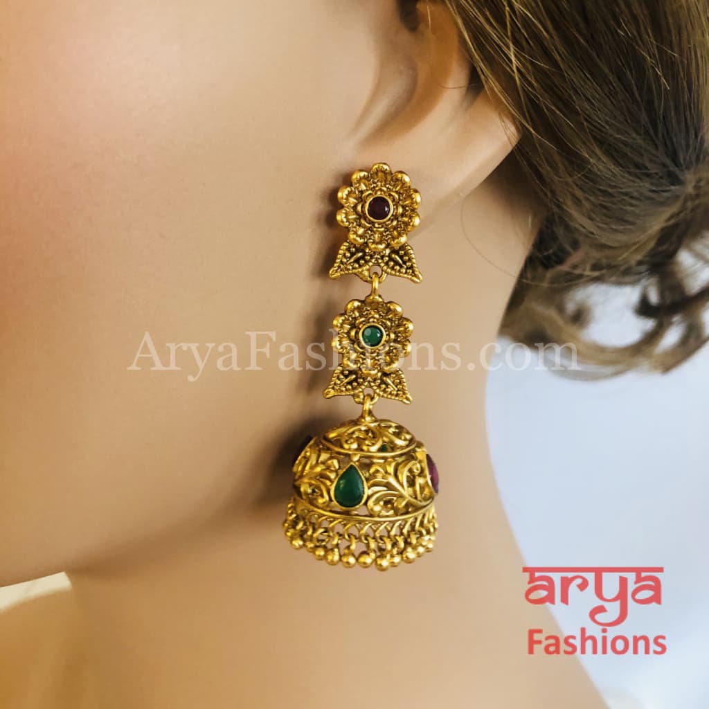 Golden Long Jhumka Earring with golden and Pearl beads