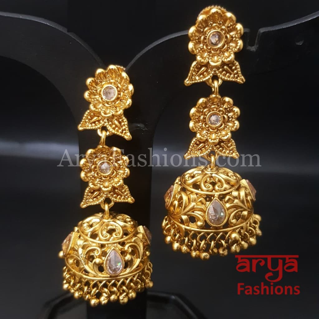 Golden Long Jhumka Earring with golden and Pearl beads