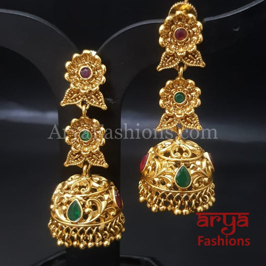 Golden Long Jhumka Earring with golden and Pearl beads