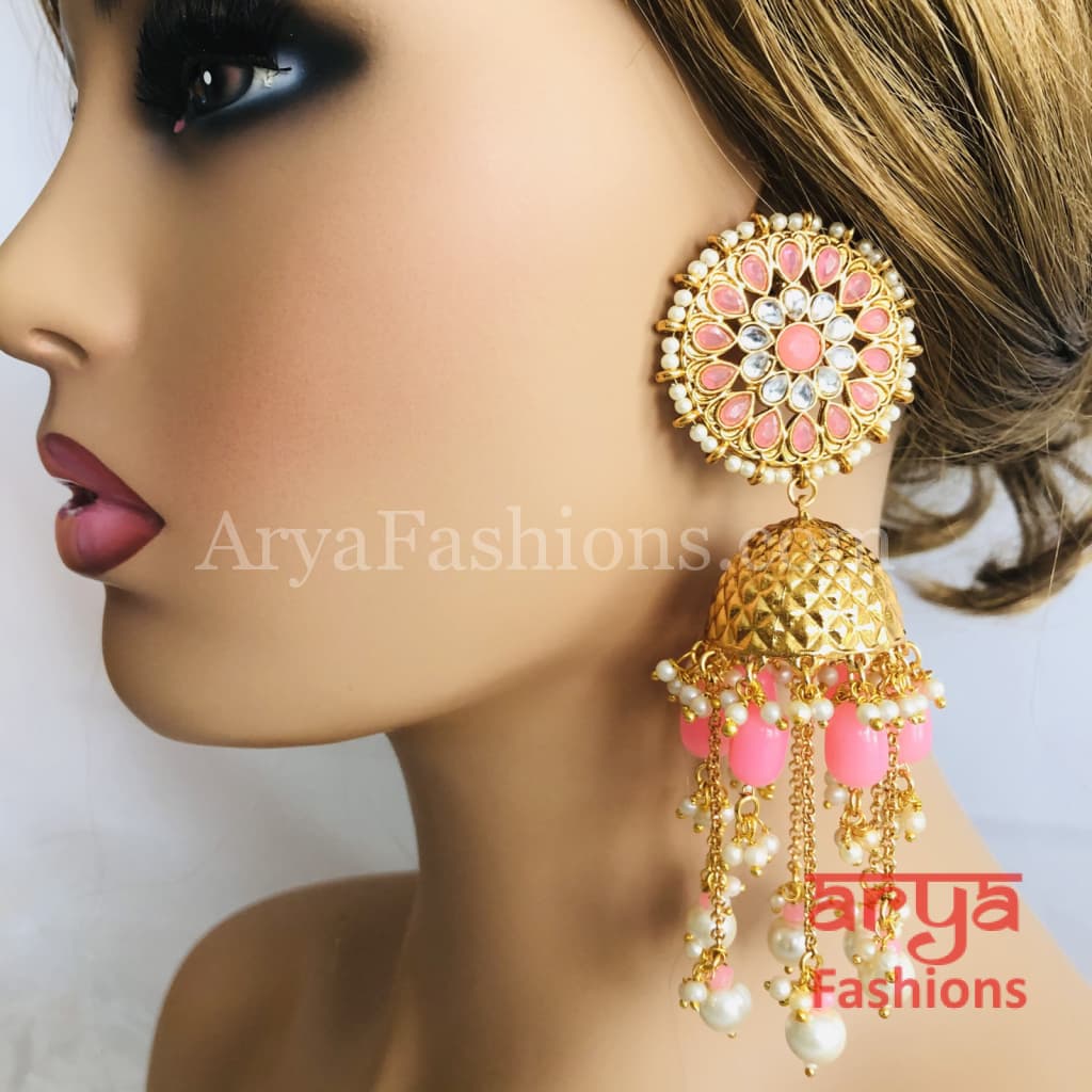 Golden Meenakari Long Jhumka Earrings with Colorful beads