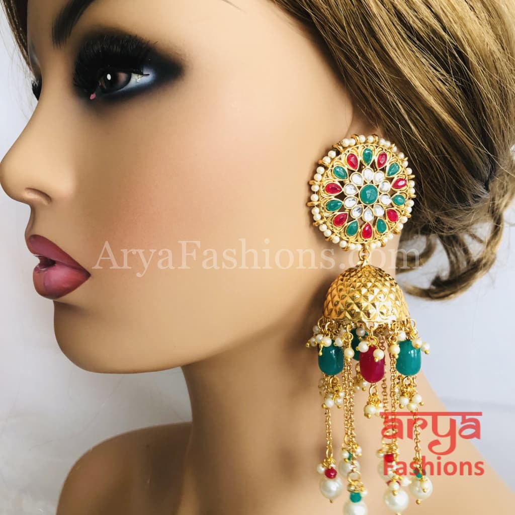 Golden Meenakari Long Jhumka Earrings with Colorful beads