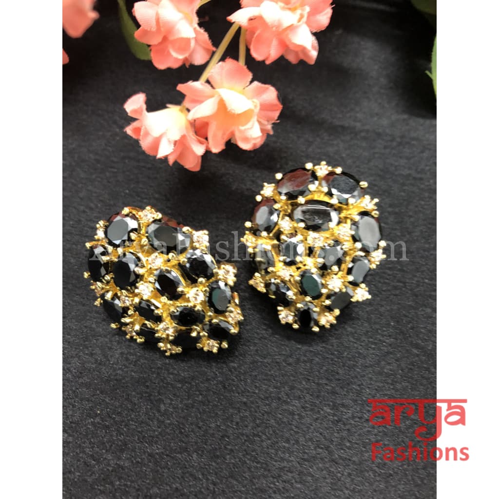 Golden Party Studs with Black Stones