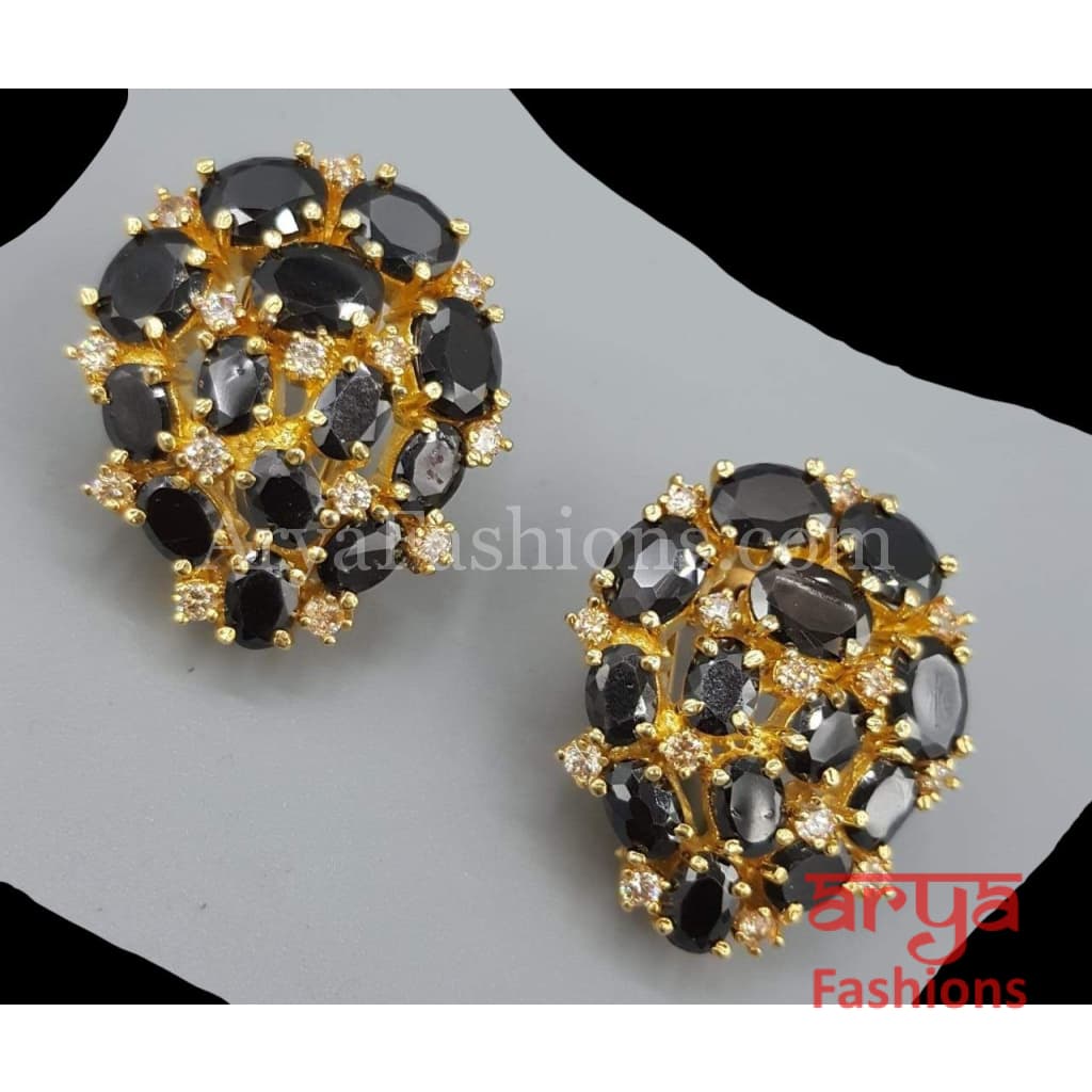 Golden Party Studs with Black Stones