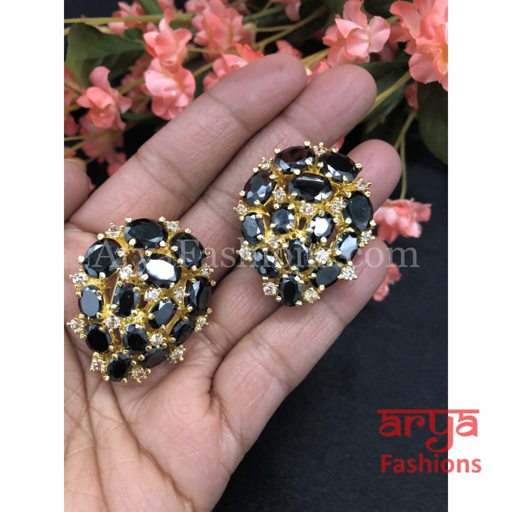 Golden Party Studs with Black Stones