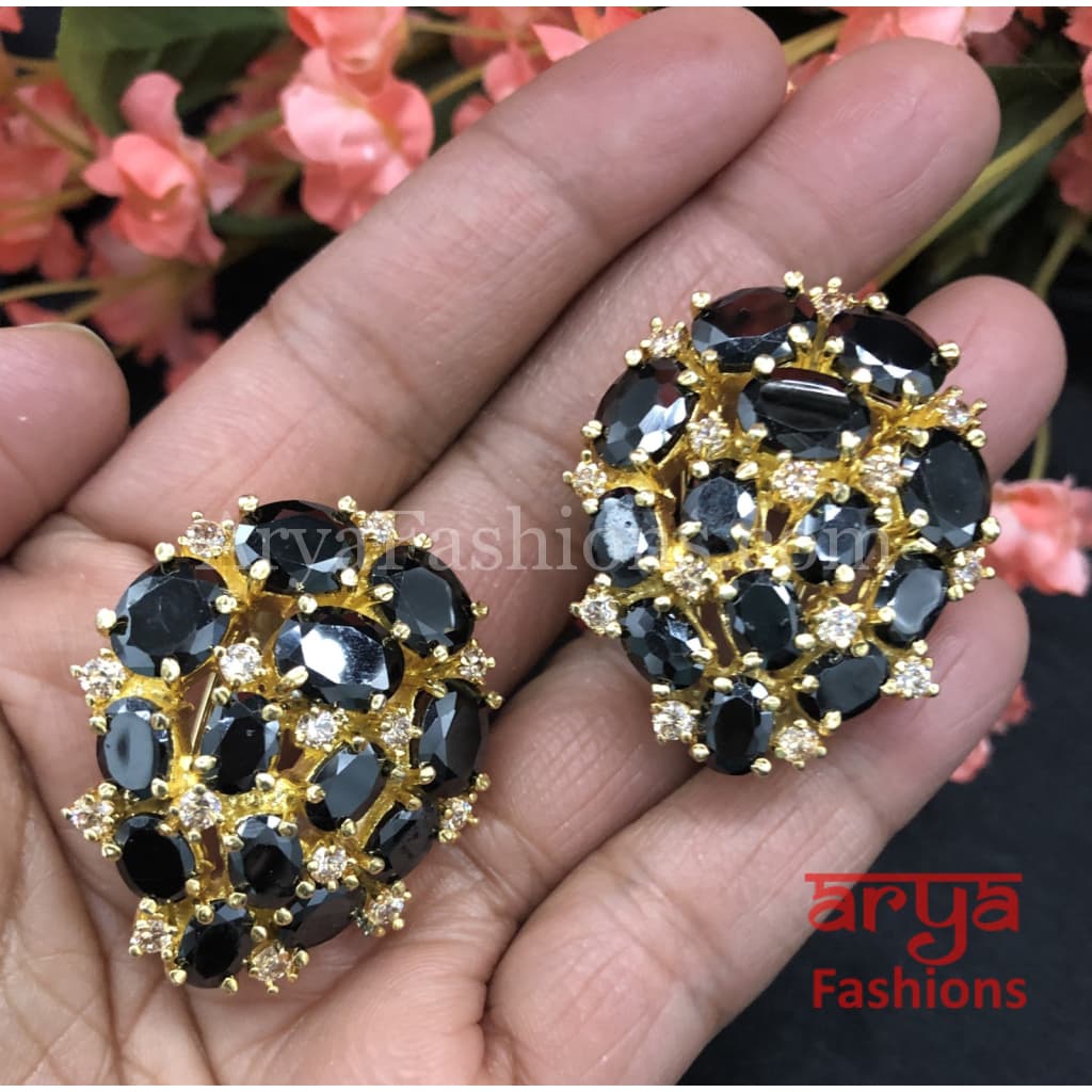 Golden Party Studs with Black Stones