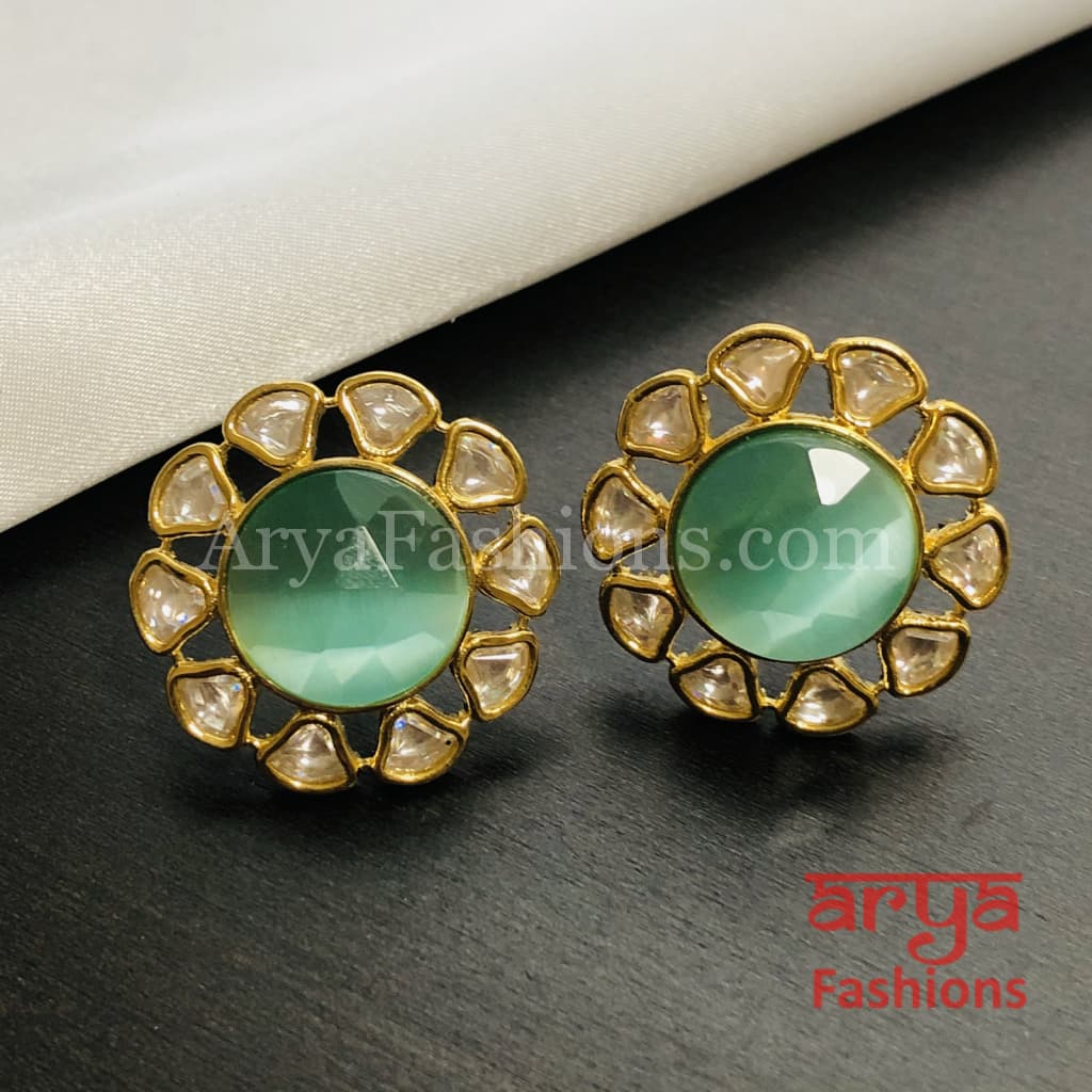 Golden Round Stud Earrings with colored stones