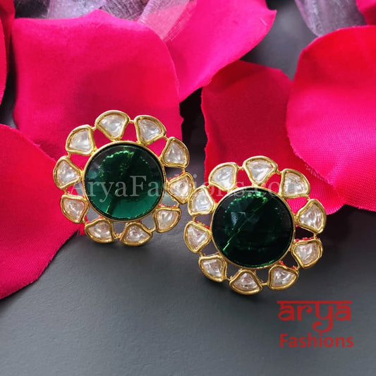 Golden Round Stud Earrings with colored stones