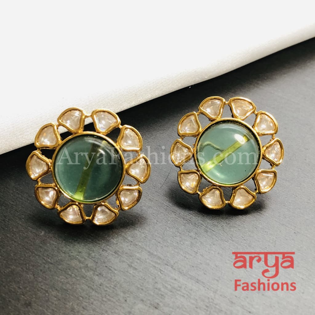 Golden Round Stud Earrings with colored stones