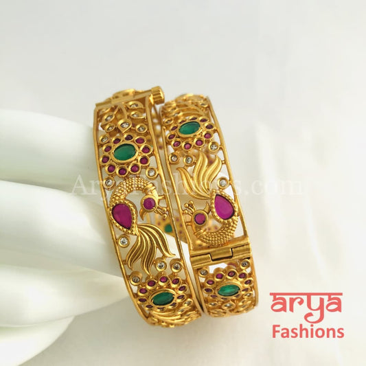 Golden Ruby Emerald Handcrafted Kada Bangles with Kundan CZ Stones