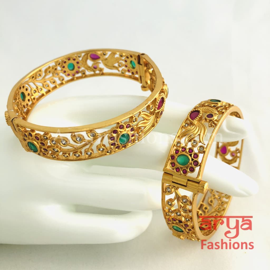 Golden Ruby Emerald Handcrafted Kada Bangles with Kundan CZ Stones