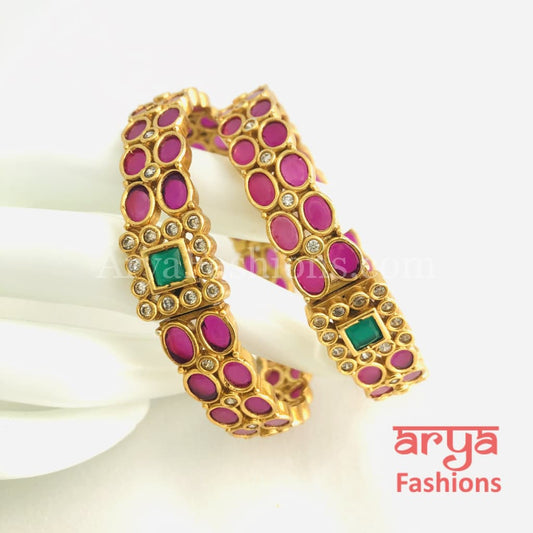 Golden Ruby Emerald CZ Handcrafted Openable Kada Bangles