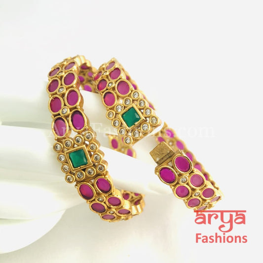 Golden Ruby Emerald CZ Handcrafted Openable Kada Bangles