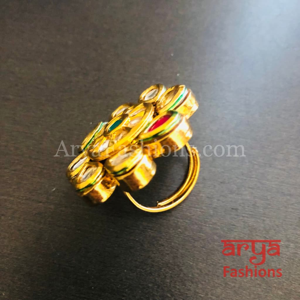 Golden Ruby Kundan Meenakari Ring