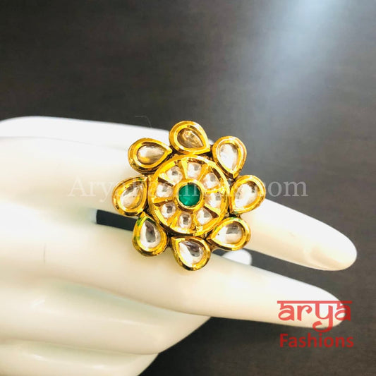 Golden Ruby Kundan Meenakari Ring