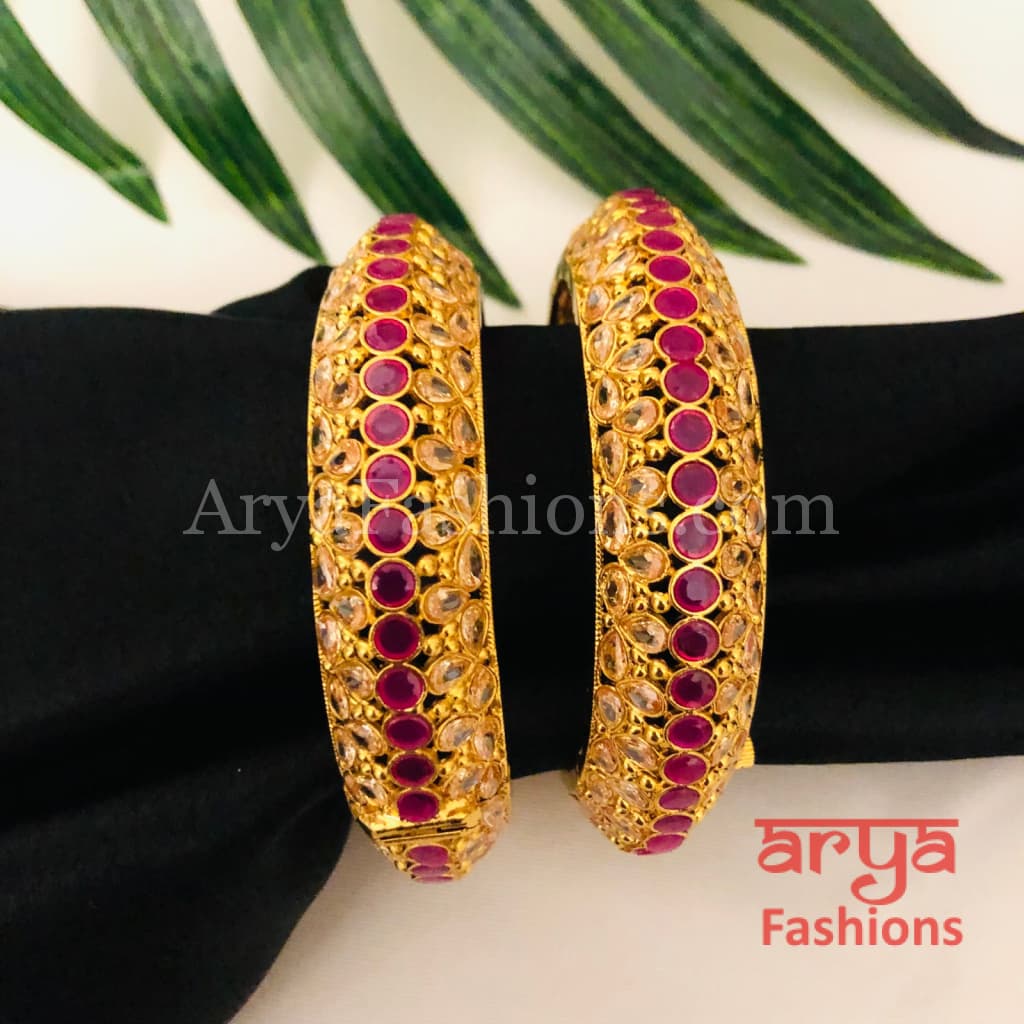 Golden Ruby Pink Polki Kada Pair of 2 Bangles