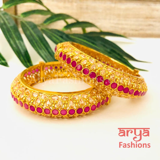 Golden Ruby Pink Polki Kada Pair of 2 Bangles