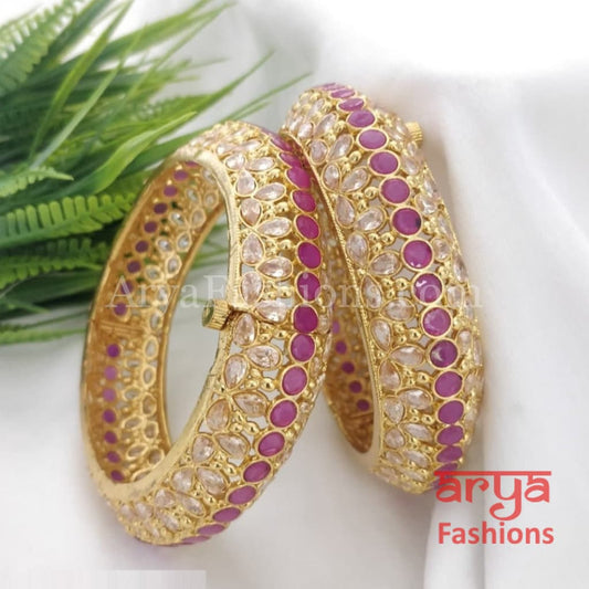 Golden Ruby Pink Polki Kada Pair of 2 Bangles