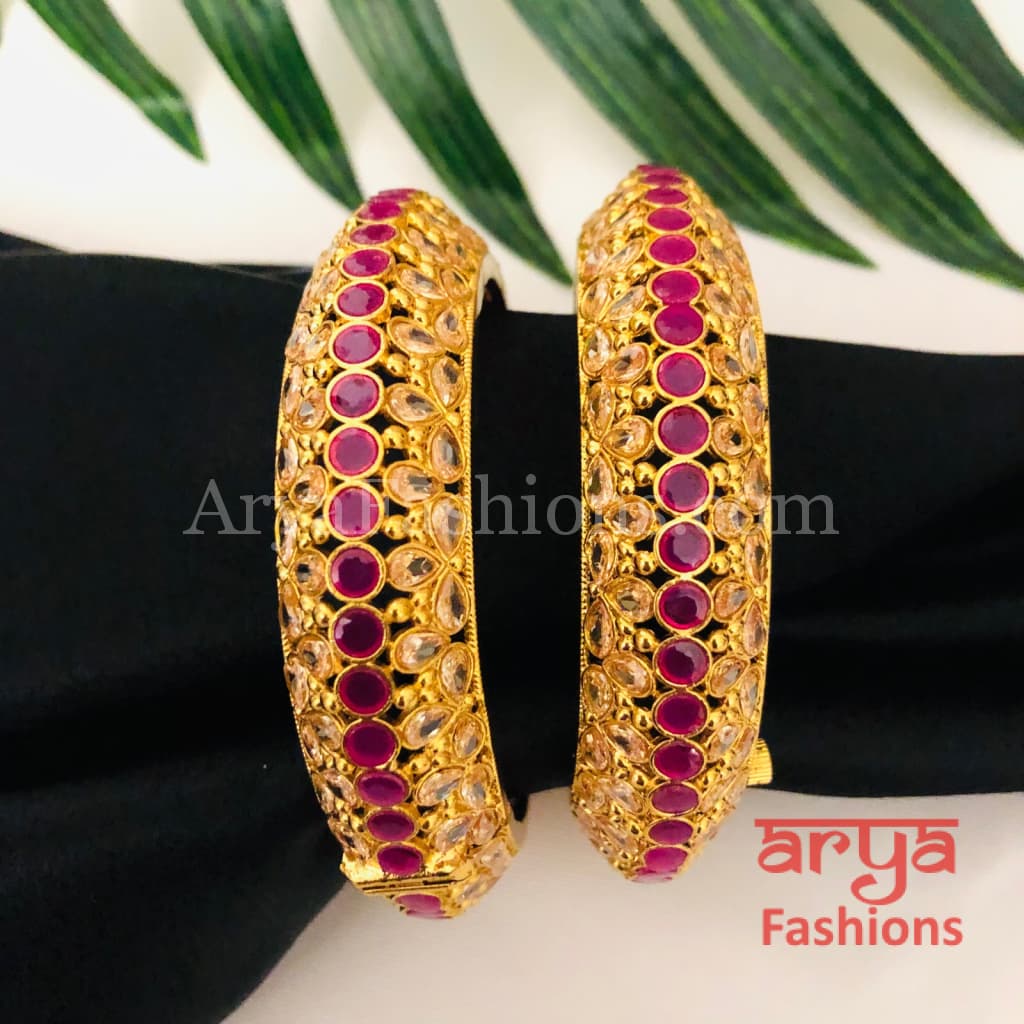 Golden Ruby Pink Polki Kada Pair of 2 Bangles