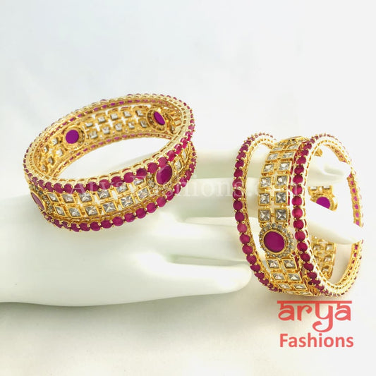 Golden CZ Ruby Pink Trendy Bangles with Kada Set of 6