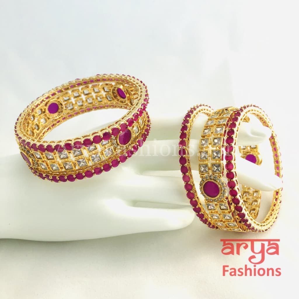 Golden CZ Ruby Pink Trendy Bangles with Kada Set of 6