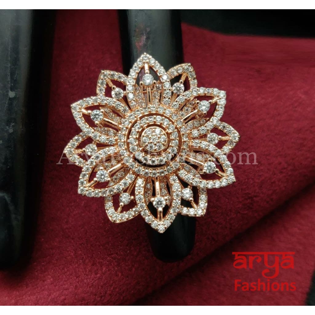 Golden Silver CZ Cocktail Ring / Rose Gold