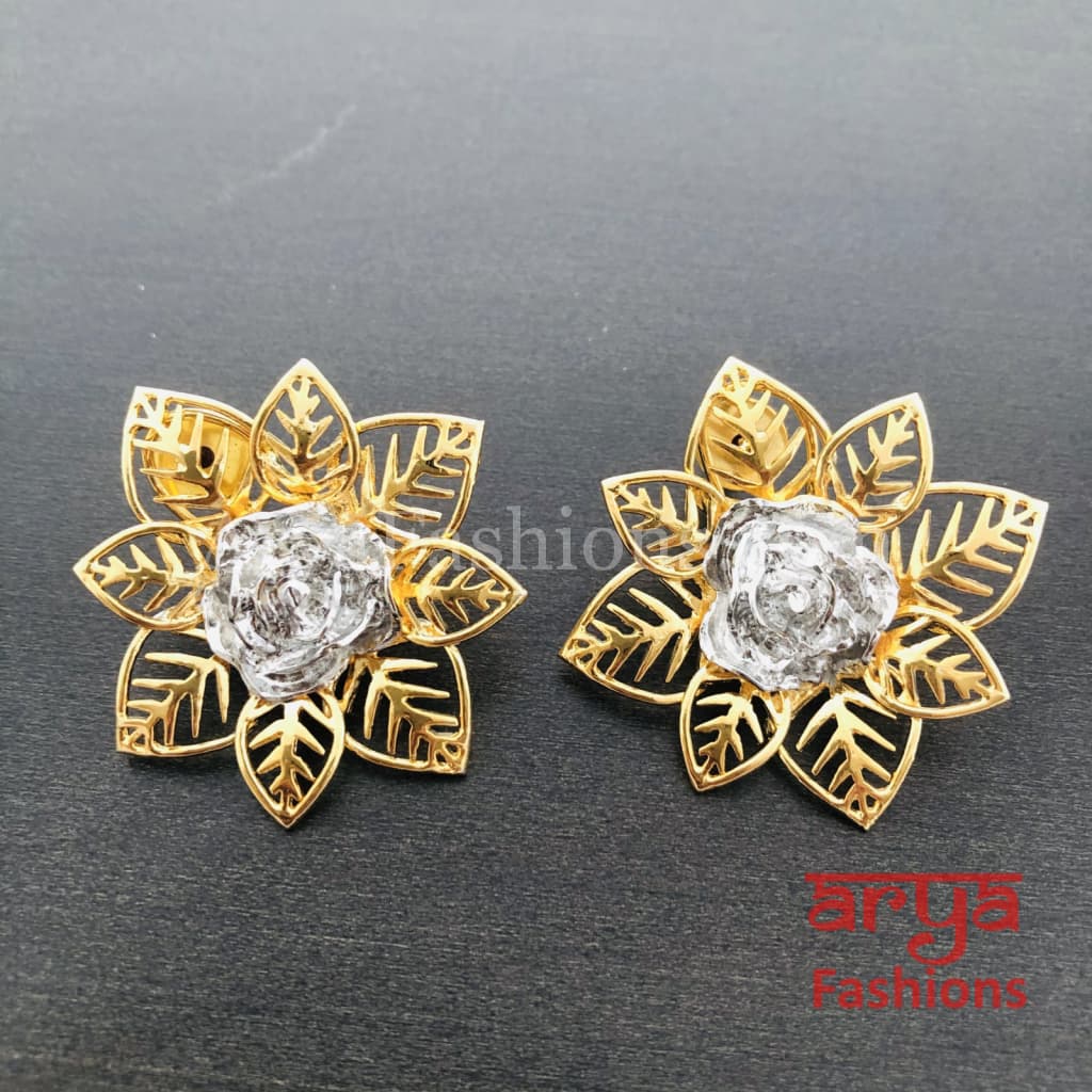 Golden Silver Ethnic Designer Flower Earrings