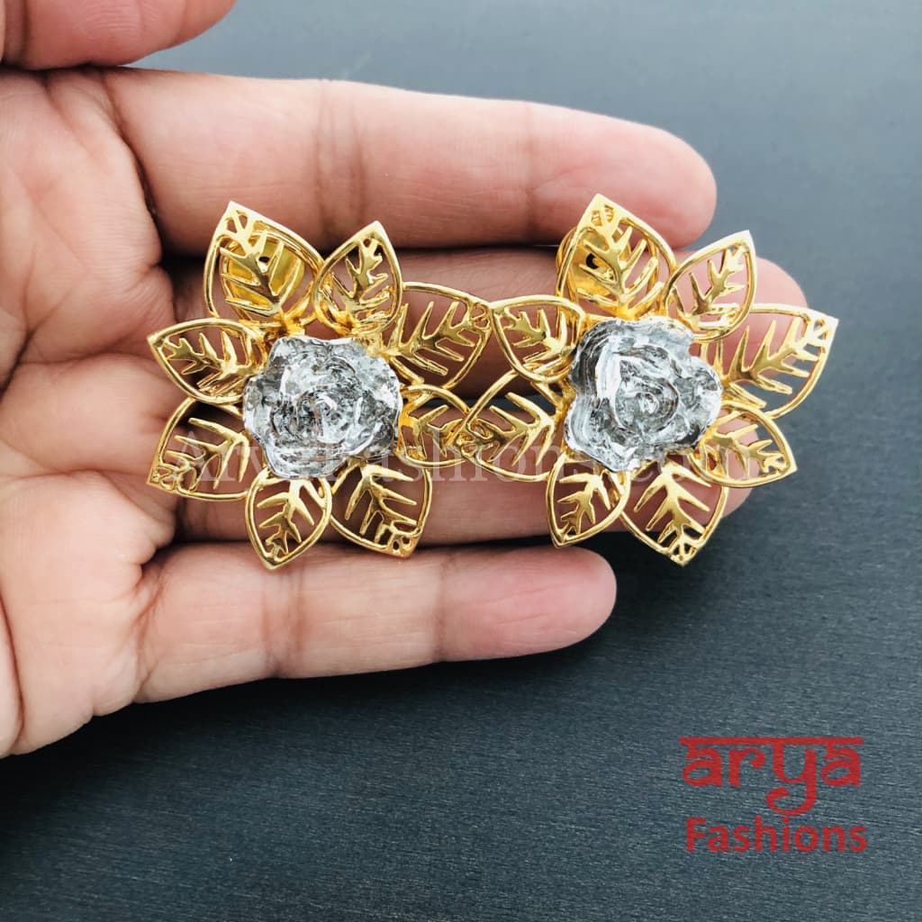 Golden Silver Ethnic Designer Flower Earrings