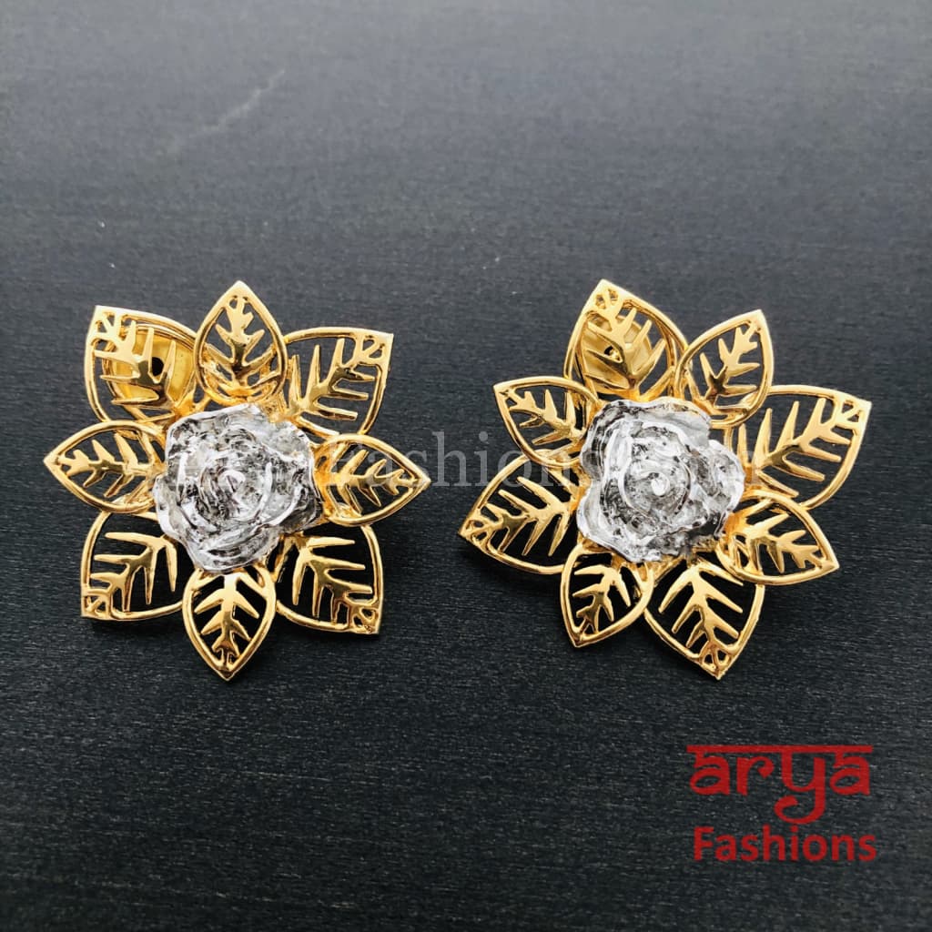 Golden Silver Ethnic Designer Flower Earrings