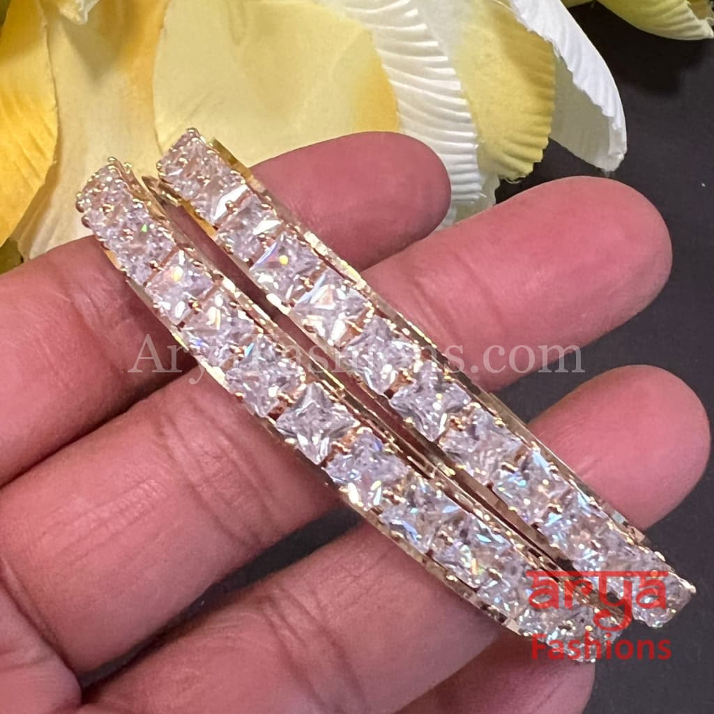 Golden Square CZ Stone Bangles Pair of 2