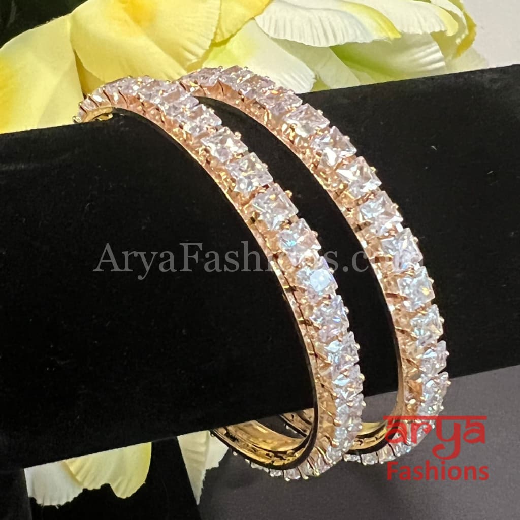 Golden Square CZ Stone Bangles Pair of 2