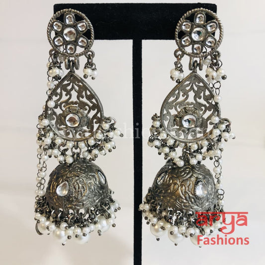 Gray Long Triple Jhumka Traditional Earrings