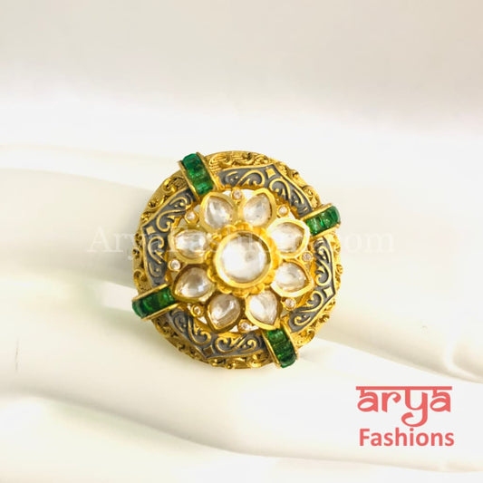 Gray Meenakari Emerald Kundan Adjustable Ring