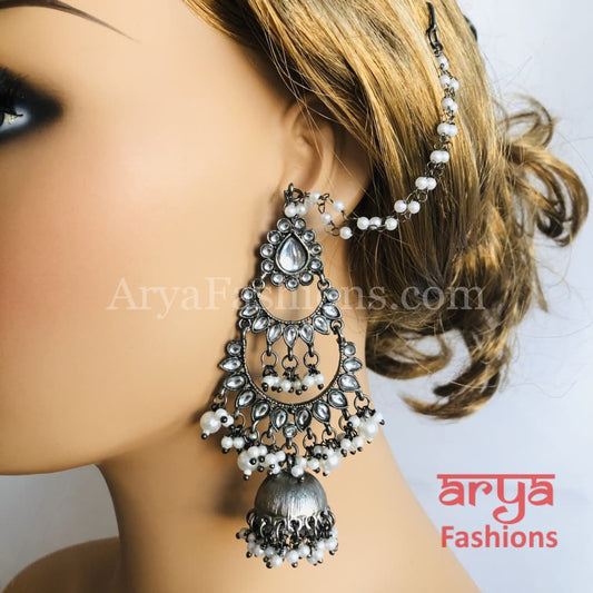 Gray Metal Long Three Layer Jhumka Earrings