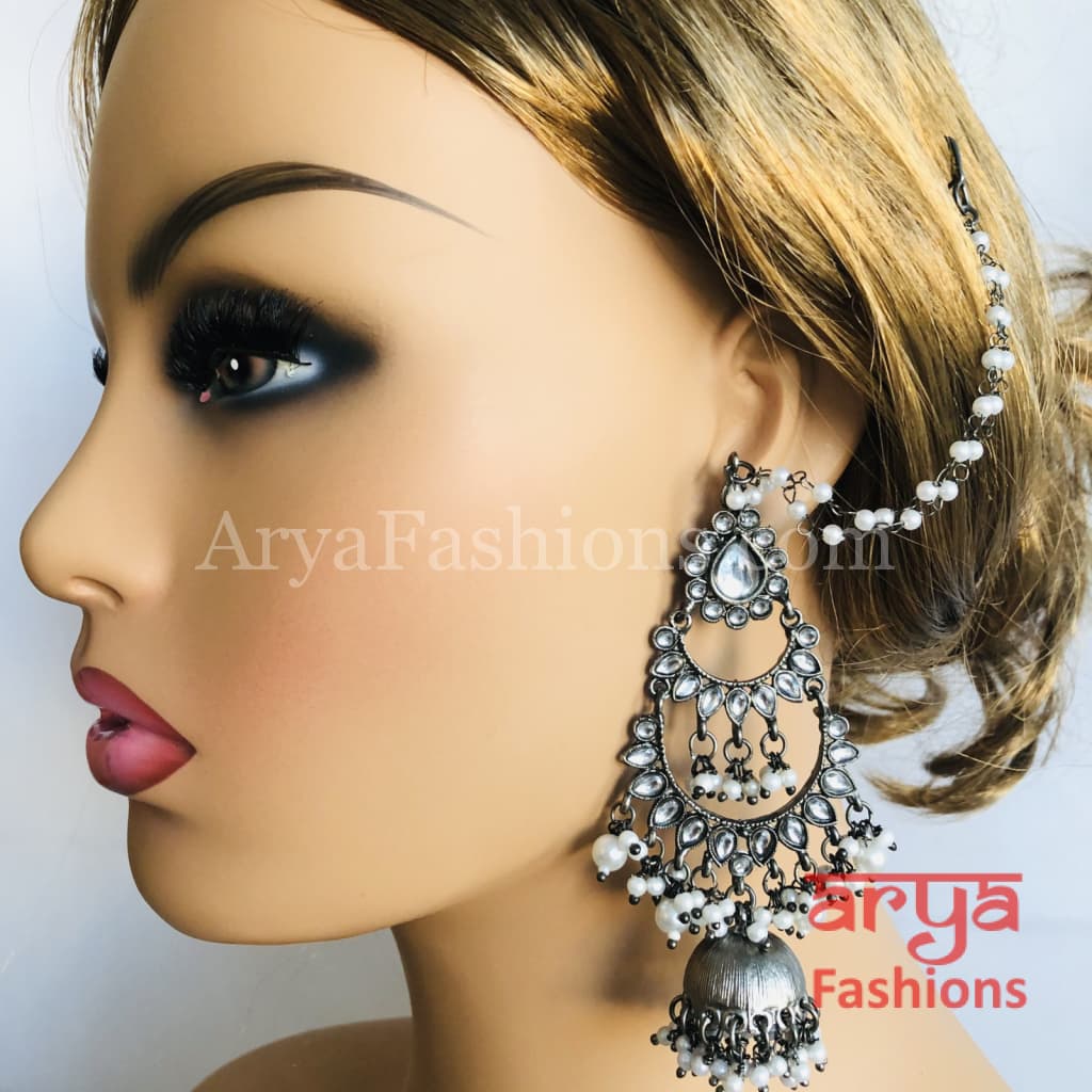 Gray Metal Long Three Layer Jhumka Earrings