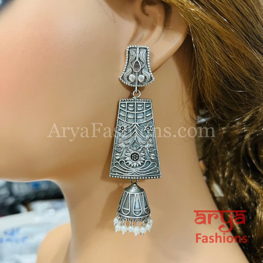 Greek Theme Silver Oxidized Jhumka Earrings
