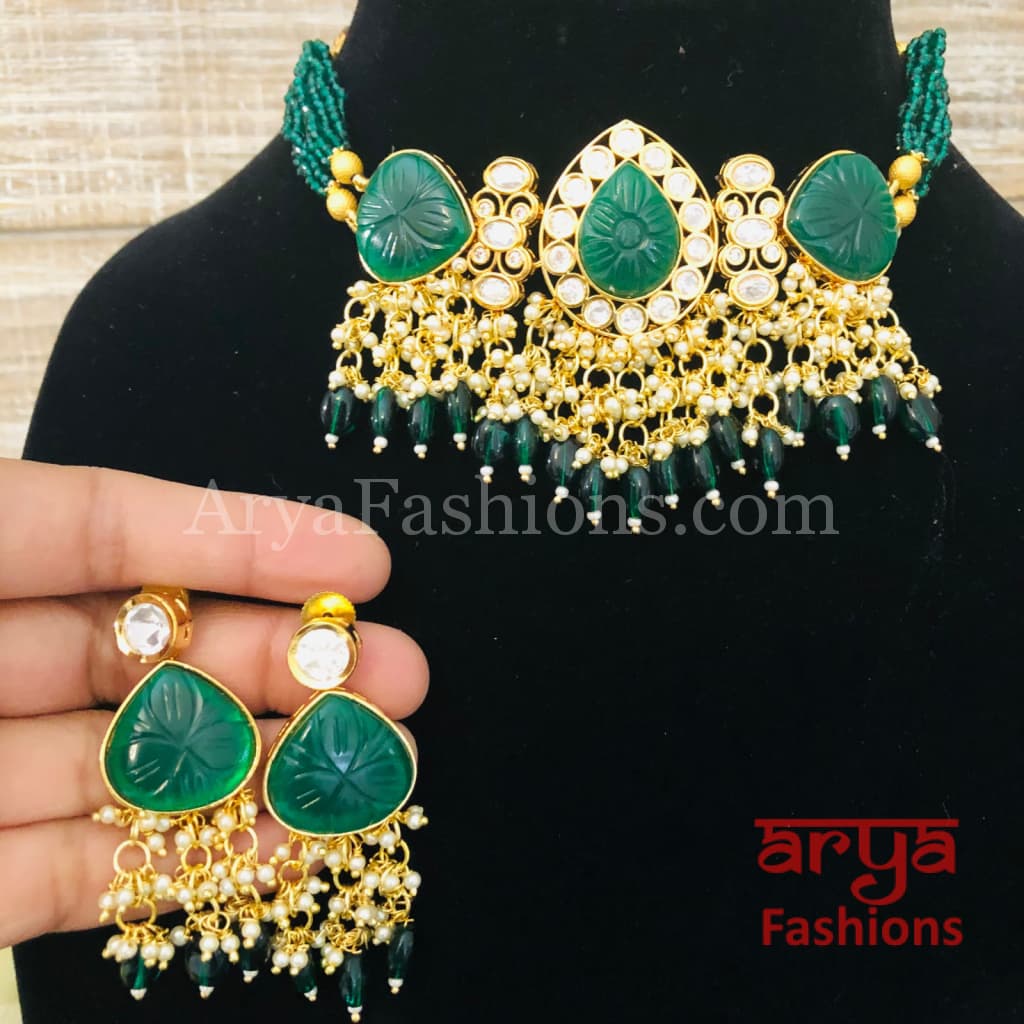 Green Bridal Choker/ Emerald Ruby Necklace/ Indian Wedding Jewelry