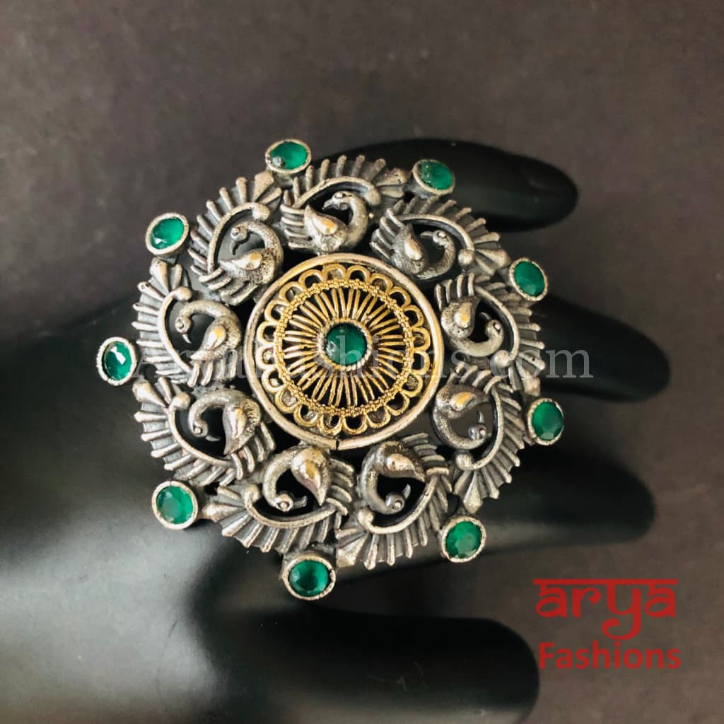 Green Dual Tone Oxidized Silver Statement Ring/ Two Adjustable Trendy Bohemian 