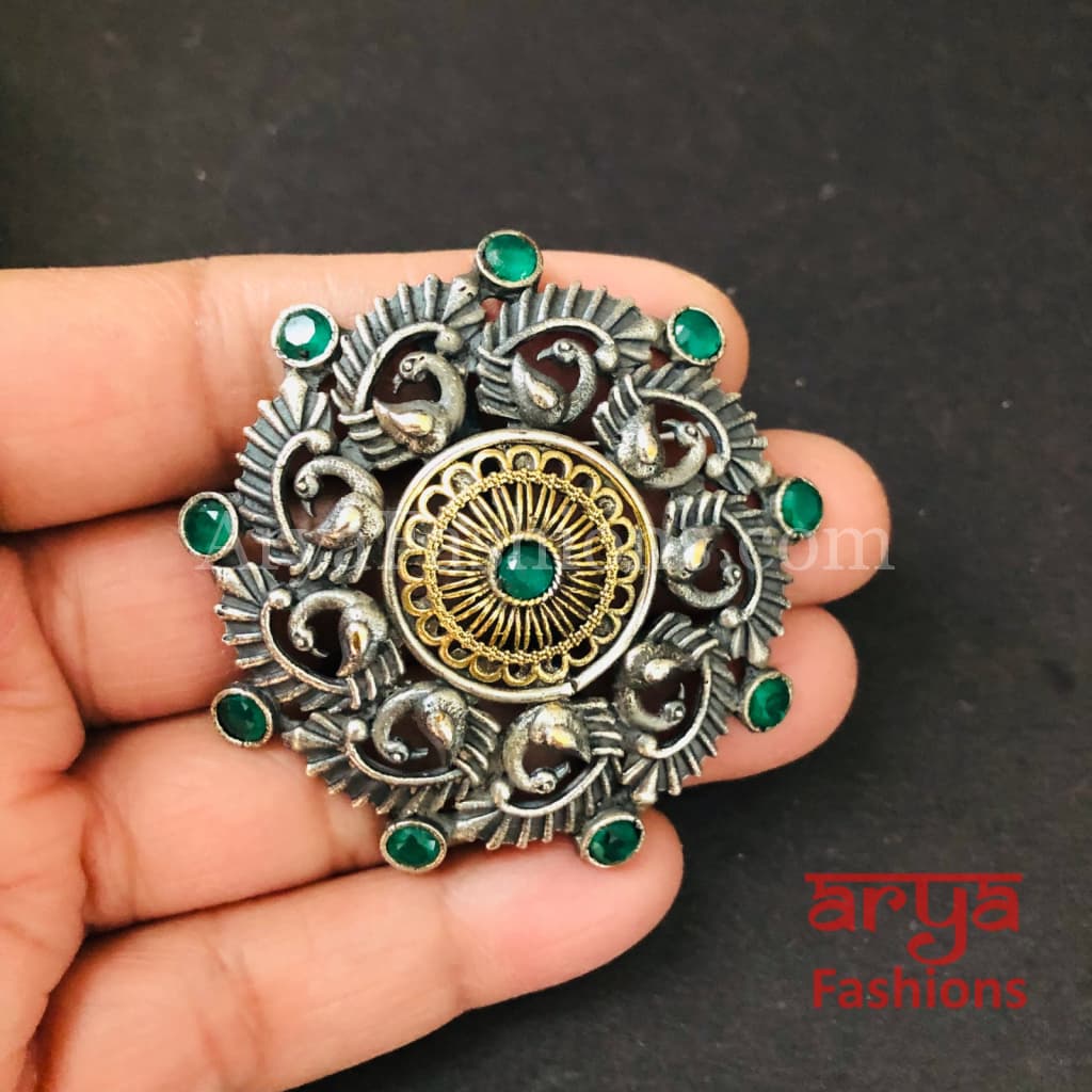 Green Dual Tone Oxidized Silver Statement Ring/ Two Adjustable Trendy Bohemian 