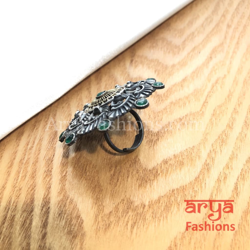 Green Dual Tone Oxidized Silver Statement Ring/ Two Adjustable Trendy Bohemian 