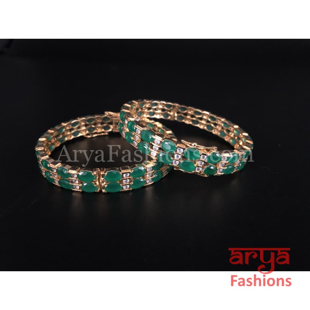 Green Emerald and CZ Stones Openable Bangles