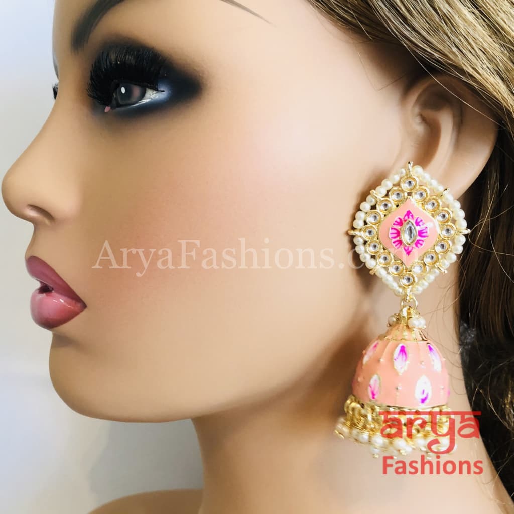 Green Jhumka/ Pink Meenakari Kundan Jhumka Earrings with Pearl beads