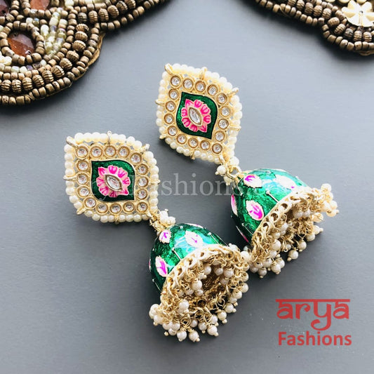 Green Jhumka/ Pink Meenakari Kundan Jhumka Earrings with Pearl beads