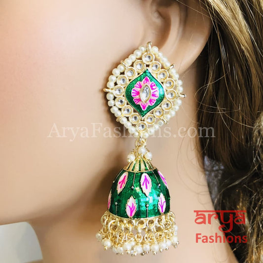 Green Jhumka/ Pink Meenakari Kundan Jhumka Earrings with Pearl beads