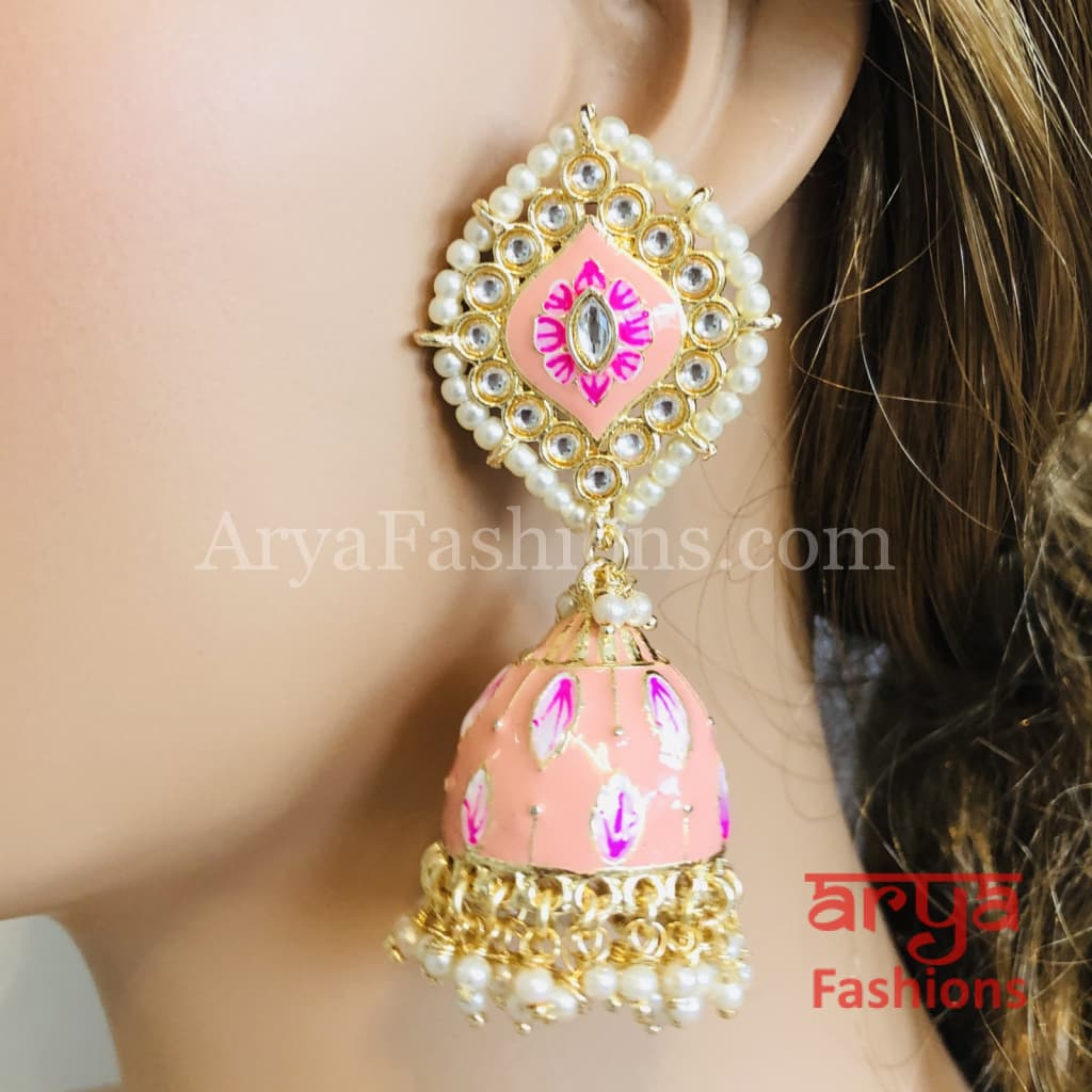 Green Jhumka/ Pink Meenakari Kundan Jhumka Earrings with Pearl beads