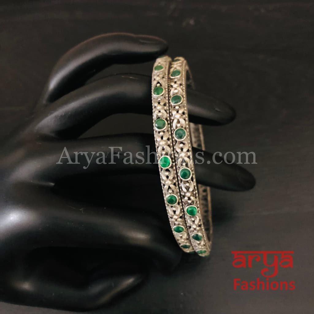 Green Silver Oxidized Bangles with emerald green stones Pair of 2