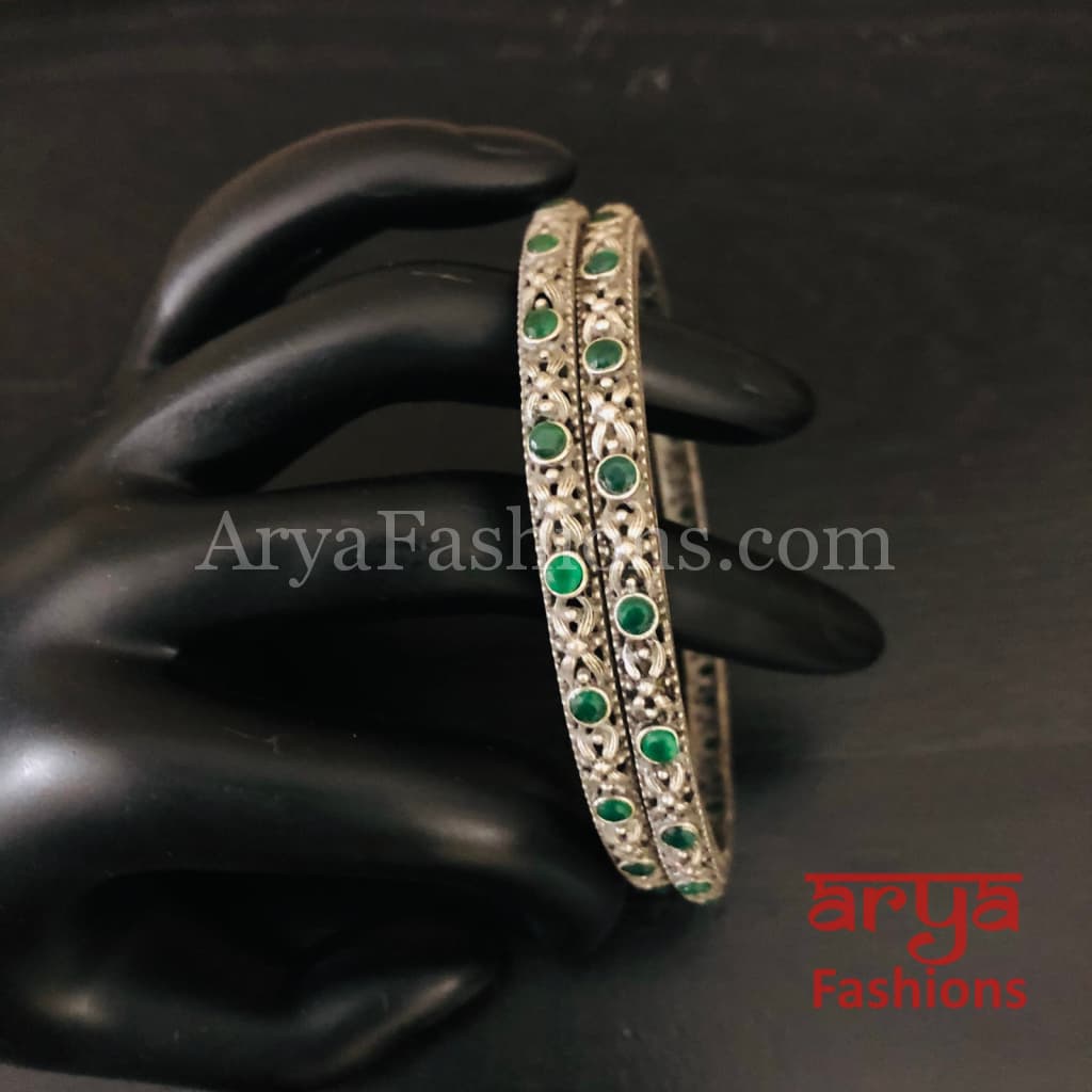 Green Silver Oxidized Bangles with emerald green stones Pair of 2