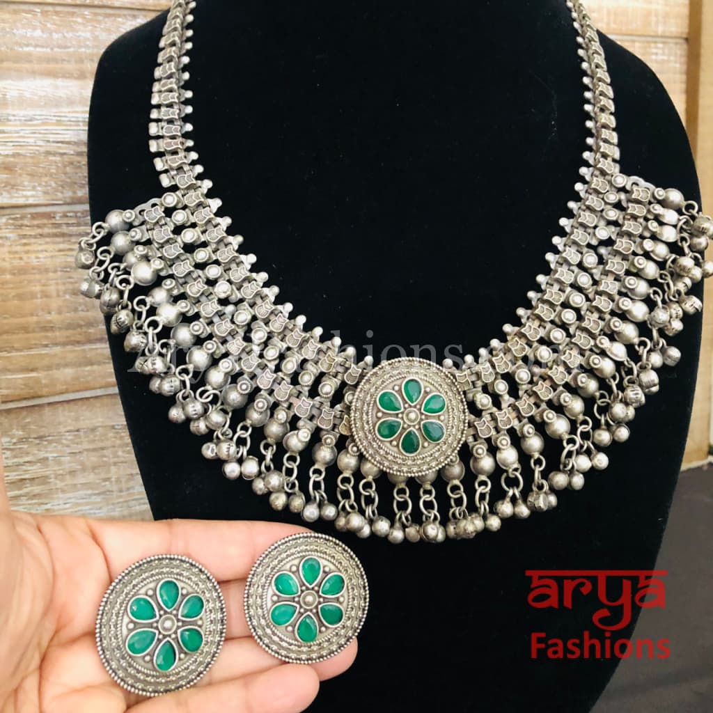 Green Silver Oxidized Designer Necklace with Stones and Stud Earrings