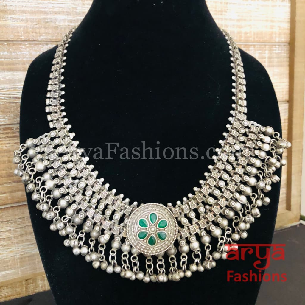 Green Silver Oxidized Designer Necklace with Stones and Stud Earrings