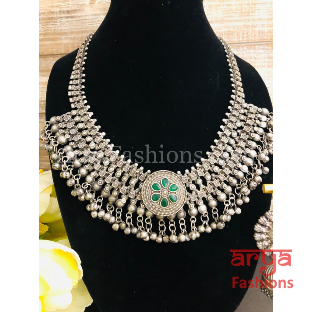 Green Silver Oxidized Designer Necklace with Stones and Stud Earrings